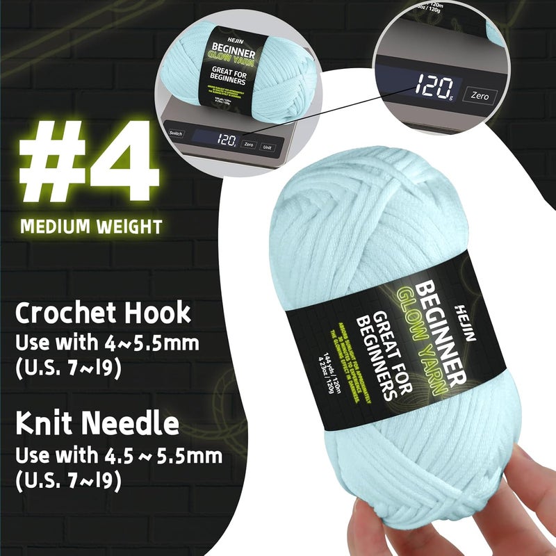 HEJIN 120g Blue Glow in The Dark Yarn for Crocheting and Knitting; 120m(144yds) Yarn for Beginners with Easy-to-See Stitches; Worsted-Weight Medium #4; Yarn for Beginners Crochet Kit Making - Image 2